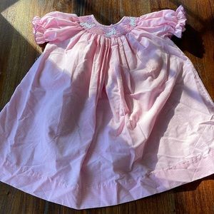 Pink and white checked smocked unicorn dress with purple trim, Size 24 months